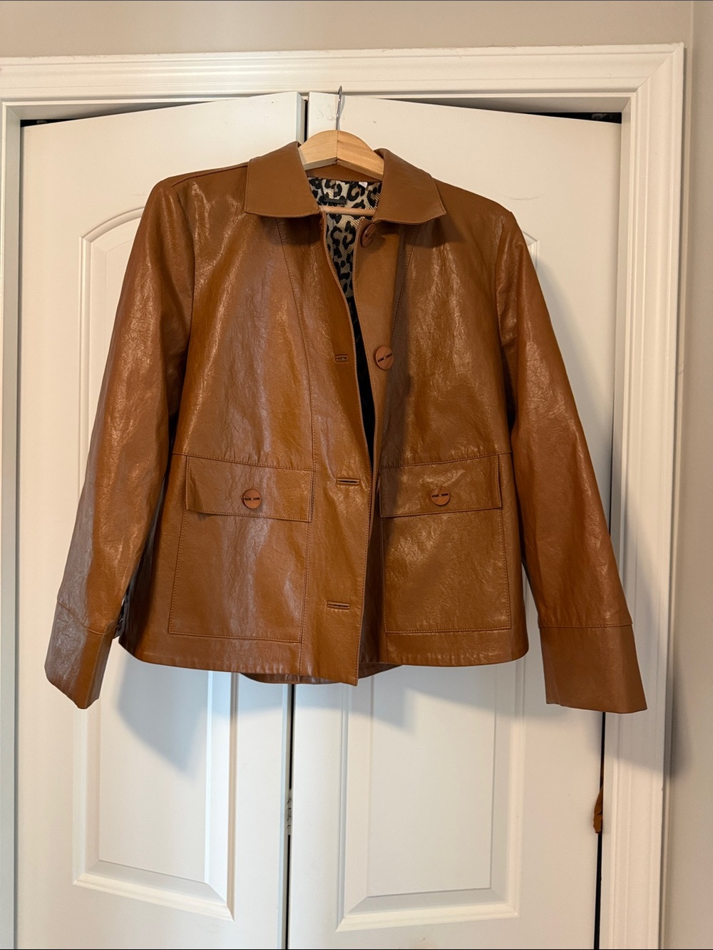 Chico's Cognac Brown Faux Leather Button Jacket